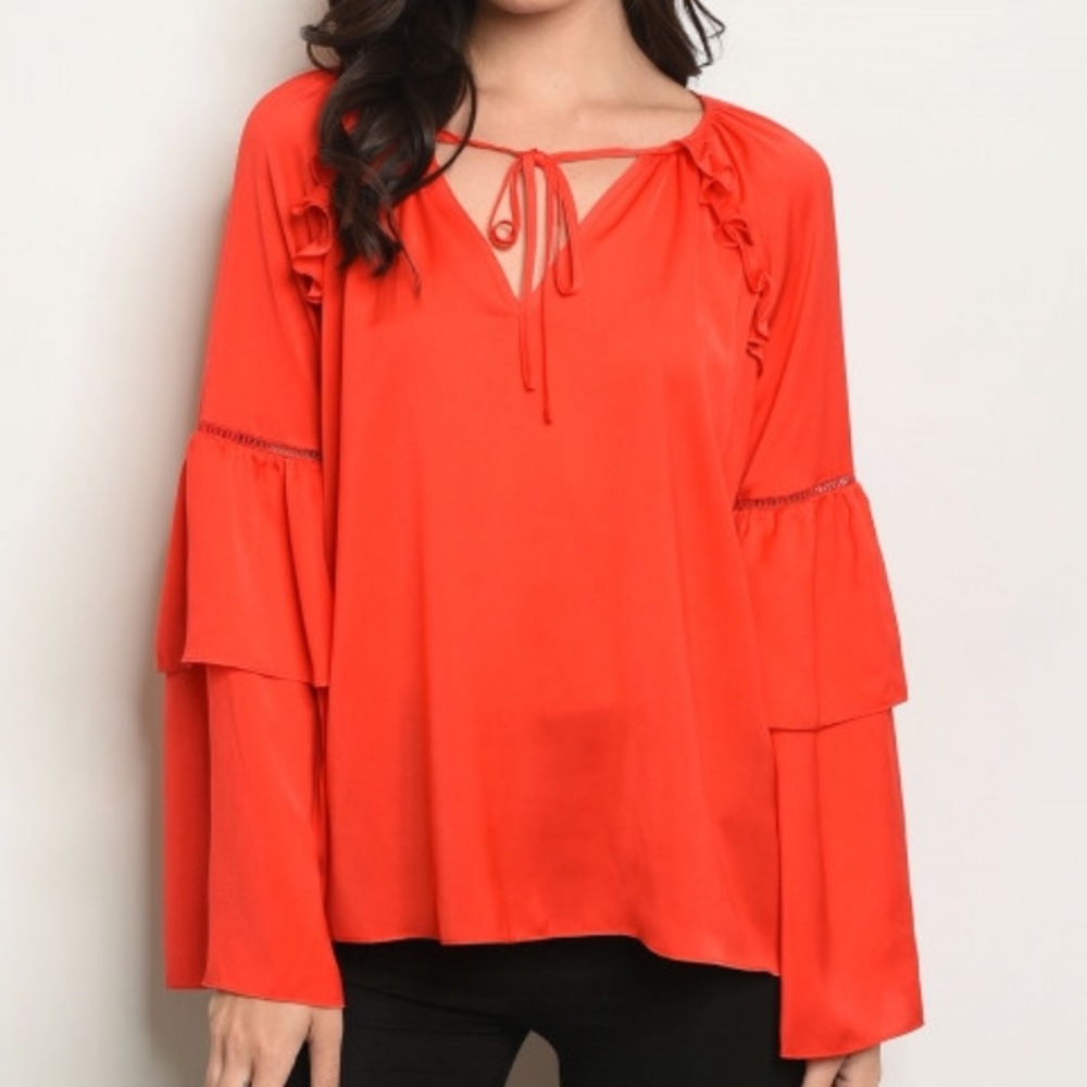 💕Elegant Red Long Bell Sleeve Top with tie neck